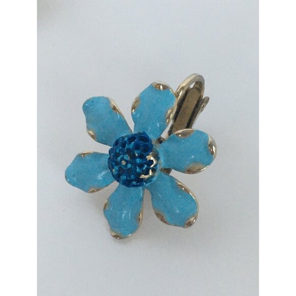 Signed Weiss Vintage Clip On Earrings Enamel Flowers Vintage Gold Tone Lt Blue - Picture 7 of 10